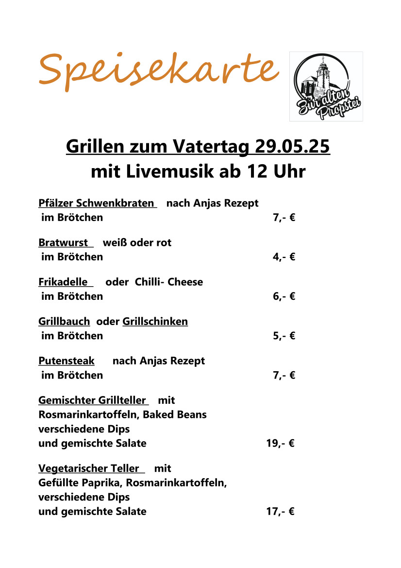 Speisekarte Vatertag 29.05.25